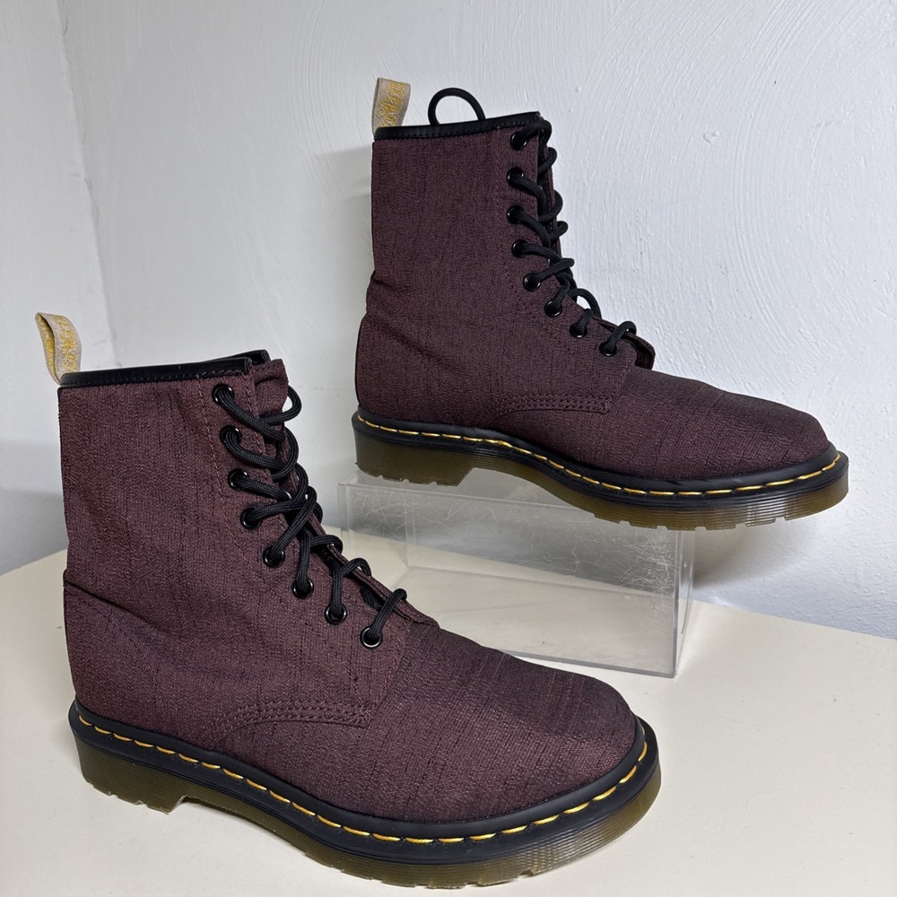 Dr. Martens Vegan Castel Burgundy Canvas 8-Eye Combat Boots AW004 Women's 9 READ